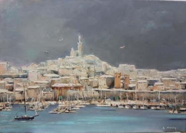 Painting titled "Marseille sous la n…" by Anne Monin, Original Artwork, Acrylic Mounted on Wood Stretcher frame