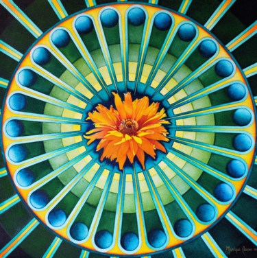 Malerei mit dem Titel "Mandala  le  Zinnia" von Monique Caunes, Original-Kunstwerk, Aquarell
