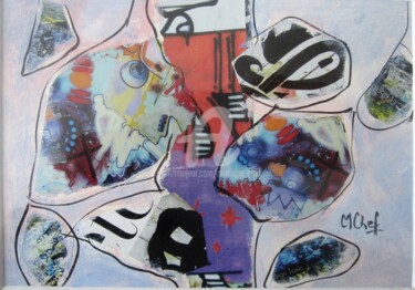 Collagen mit dem Titel "Collage sur fond bl…" von Monique Chef, Original-Kunstwerk