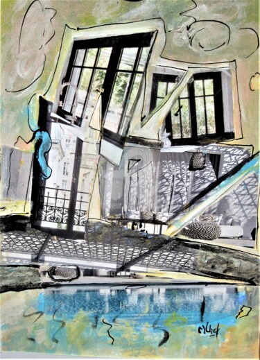 Collages titled "Villa avec piscine" by Monique Chef, Original Artwork, Collages