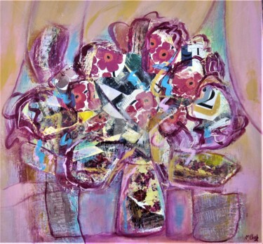 Pintura intitulada "Fleurs sur fond rose" por Monique Chef, Obras de arte originais, Acrílico
