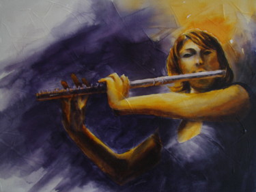 Painting titled "flute" by Monique Darry, Original Artwork, Ink Mounted on Wood Stretcher frame