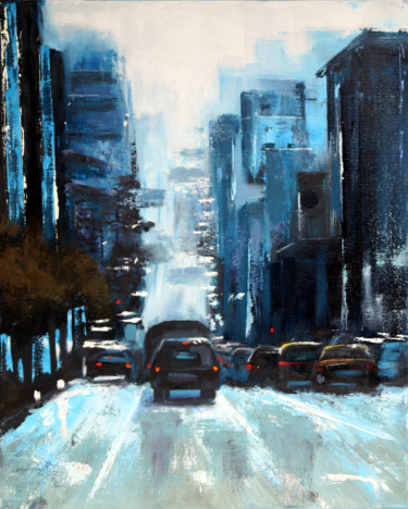 Peinture intitulée "froid-sur-la-ville…" par Monique Delcambre, Œuvre d'art originale, Huile