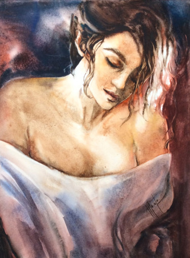 Painting titled "Timidement.jpg" by Monique Delord, Original Artwork, Watercolor