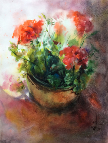 Pintura intitulada "Fleurs de balcon.jpg" por Monique Delord, Obras de arte originais, Aquarela