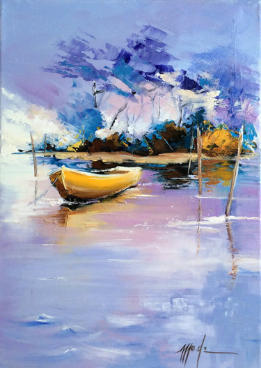 Painting titled "La barque jaune.jpg" by Monique Delord, Original Artwork, Oil