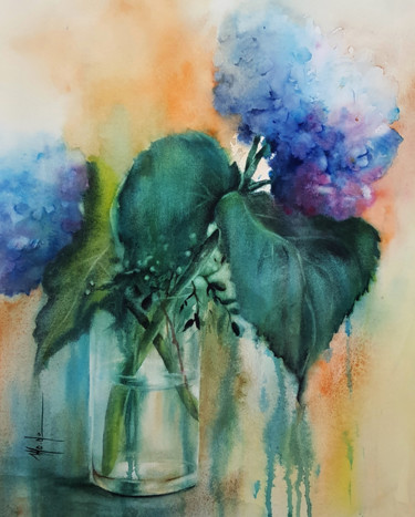 Painting titled "Math's-hortensias.j…" by Monique Delord, Original Artwork, Watercolor