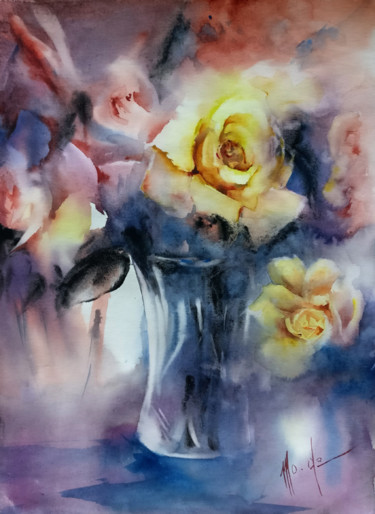 Malerei mit dem Titel "Les roses de ma mèr…" von Monique Delord, Original-Kunstwerk, Aquarell