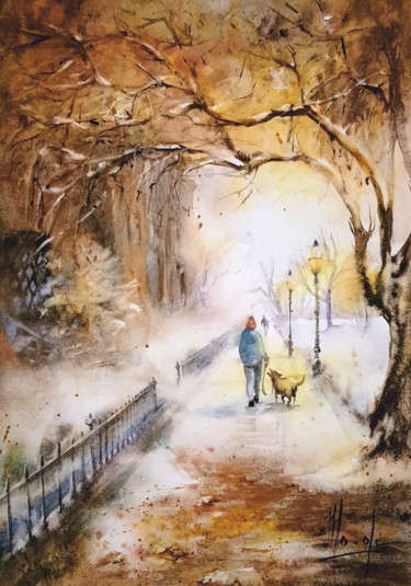 Painting titled "Première neige" by Monique Delord, Original Artwork, Watercolor