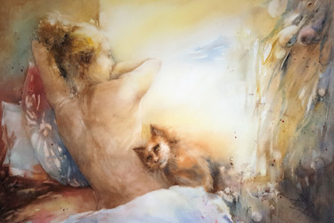 Painting titled "Calin" by Monique Delord, Original Artwork, Watercolor