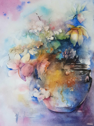 Painting titled "Renouveau" by Monique Delord, Original Artwork, Watercolor