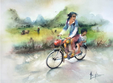Painting titled "Balade chinoise" by Monique Delord, Original Artwork, Watercolor