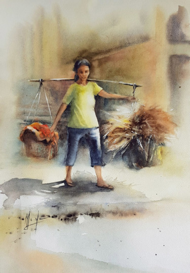 Painting titled "Portage" by Monique Delord, Original Artwork, Watercolor