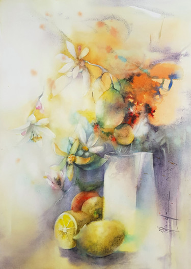 Painting titled "Autour des citrons" by Monique Delord, Original Artwork, Watercolor