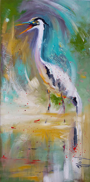 Painting titled "Le héron.jpg" by Monique Delord, Original Artwork, Oil Mounted on Wood Stretcher frame