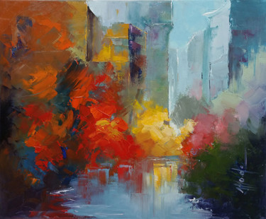 Painting titled "Rêve urbain.jpg" by Monique Delord, Original Artwork, Oil Mounted on Wood Stretcher frame