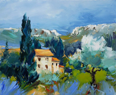 Painting titled "Au pied des alpille…" by Monique Delord, Original Artwork, Oil Mounted on Wood Stretcher frame