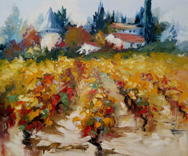 Painting titled "Automne dans les vi…" by Monique Delord, Original Artwork, Oil Mounted on Wood Stretcher frame