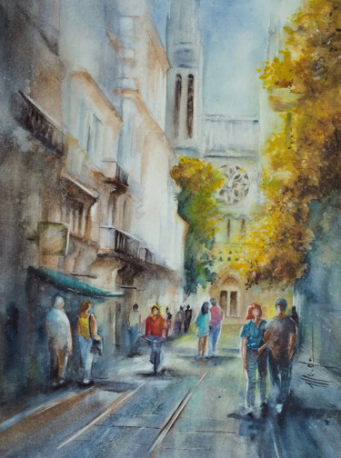 Painting titled "Balade des amoureux…" by Monique Delord, Original Artwork, Watercolor