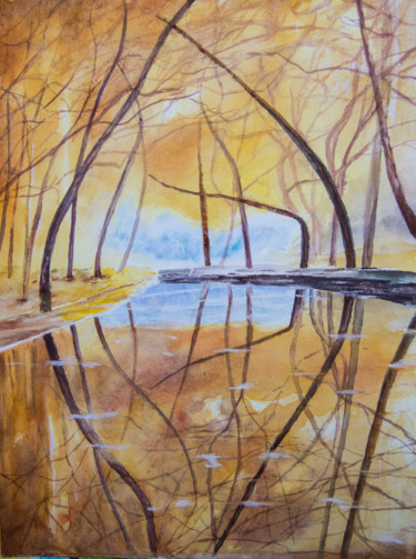 Painting titled "sous-bois" by Monique Hirel, Original Artwork, Watercolor