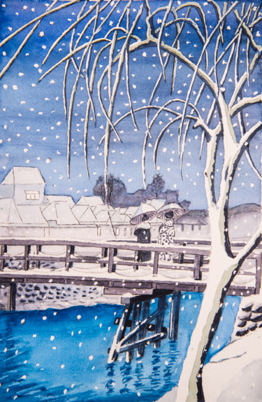 Peinture intitulée "promenade hivernale…" par Monique Hirel, Œuvre d'art originale, Aquarelle