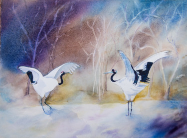 Schilderij getiteld "parade des grues ce…" door Monique Hirel, Origineel Kunstwerk