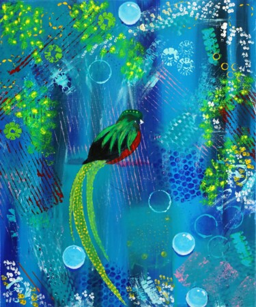Painting titled "Quetzal" by Monique Kawka, Original Artwork, Acrylic Mounted on Wood Stretcher frame