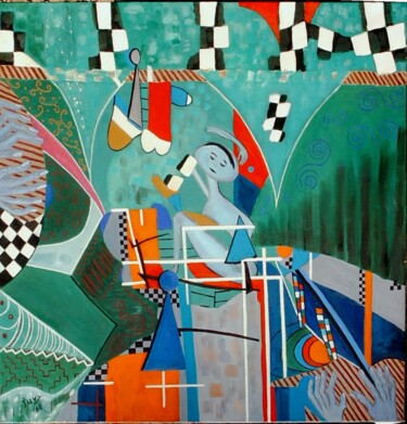 Schilderij getiteld "Afflux de sens" door Monique-Laurence Jury, Origineel Kunstwerk, Olie Gemonteerd op Frame voor houten b…