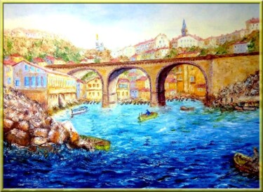 Malerei mit dem Titel "Le pont des Auffes" von Monique Laville, Original-Kunstwerk, Öl