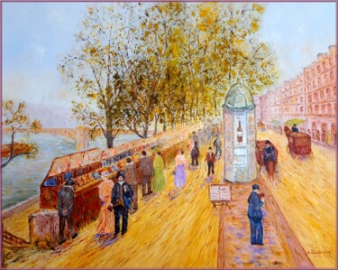 Malerei mit dem Titel "Les bouquinistes de…" von Monique Laville, Original-Kunstwerk, Öl