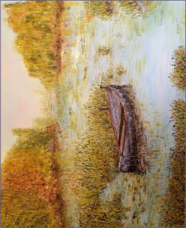 Painting titled "Etang à Giverny" by Monique Laville, Original Artwork, Oil Mounted on Wood Stretcher frame