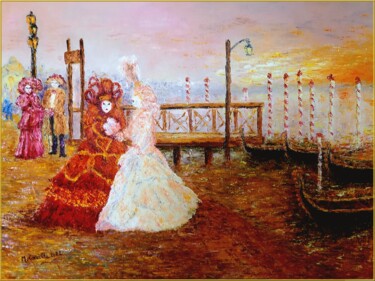 「Carnaval de Venise」というタイトルの絵画 Monique Lavilleによって, オリジナルのアートワーク, オイル ウッドストレッチャーフレームにマウント