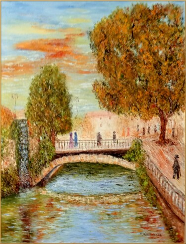 Painting titled "L'Isle sur la Sorgue" by Monique Laville, Original Artwork, Oil Mounted on Wood Stretcher frame