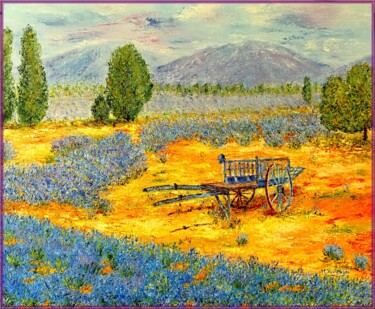 Painting titled "Champs de lavande" by Monique Laville, Original Artwork, Oil Mounted on Wood Stretcher frame