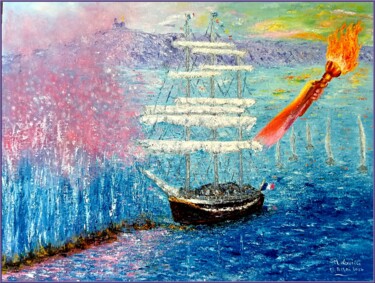 Malerei mit dem Titel "Massalia JO 2024" von Monique Laville, Original-Kunstwerk, Öl Auf Keilrahmen aus Holz montiert