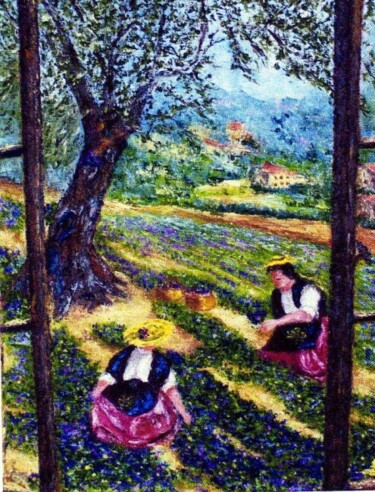 Painting titled "La cueillette des v…" by Monique Laville, Original Artwork, Oil