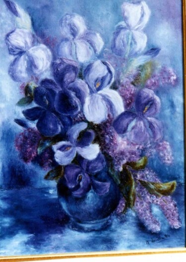 Peinture intitulée "Iris et lilas" par Monique Laville, Œuvre d'art originale, Huile