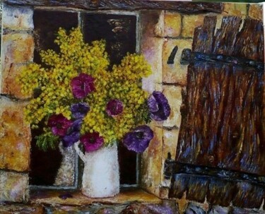 Painting titled "Mimosas et anémones…" by Monique Laville, Original Artwork, Oil