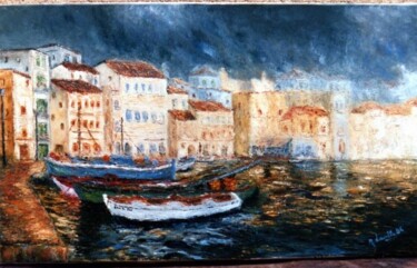 Peinture intitulée "Port Grec" par Monique Laville, Œuvre d'art originale, Huile