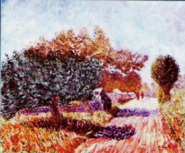 Painting titled "Chemin du relais à…" by Monique Laville, Original Artwork, Oil