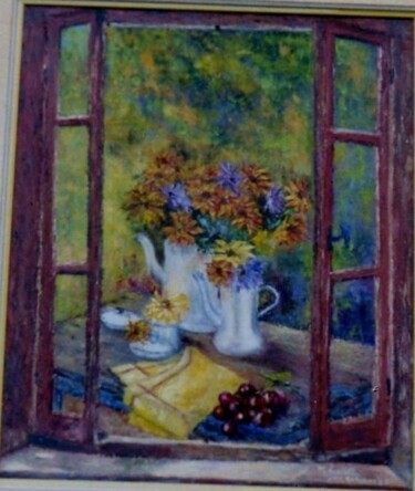 Peinture intitulée "Fenêtre sur jardin" par Monique Laville, Œuvre d'art originale, Huile