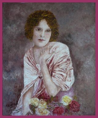 Malarstwo zatytułowany „Jeune fille aux ros…” autorstwa Monique Laville, Oryginalna praca, Olej