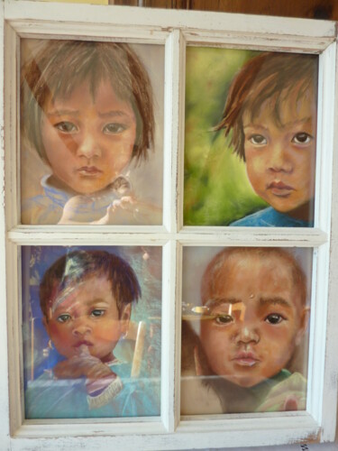 Peinture intitulée "Enfants  à la fenêt…" par Monique Marie François (Moma), Œuvre d'art originale, Pastel