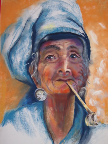 Peinture intitulée "Une mamie fumeuse" par Monique Marie François (Moma), Œuvre d'art originale, Pastel
