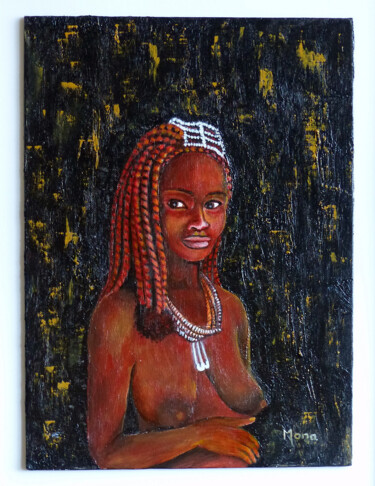 Painting titled "femme Himba" by Monique Maurice (Mona), Original Artwork, Acrylic Mounted on Cardboard