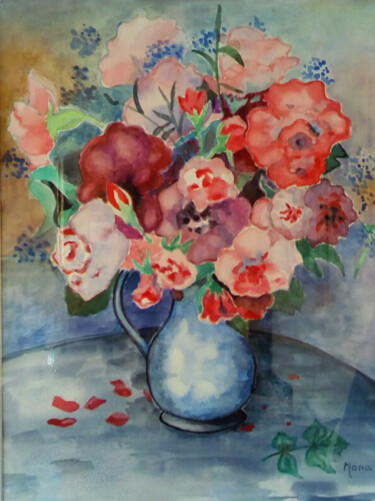 Painting titled "bouquet rose et bleu" by Monique Maurice (Mona), Original Artwork, Watercolor Mounted on Cardboard