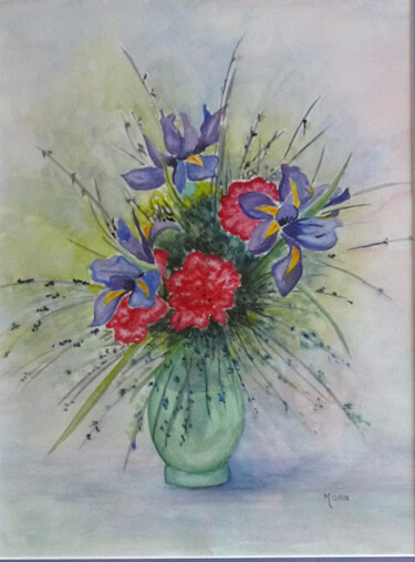 Painting titled "iris et oeillets" by Monique Maurice (Mona), Original Artwork, Watercolor Mounted on Cardboard