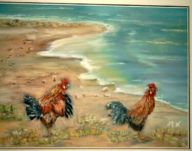 Peinture intitulée "coqs sur la plage…" par Monique Navet, Œuvre d'art originale
