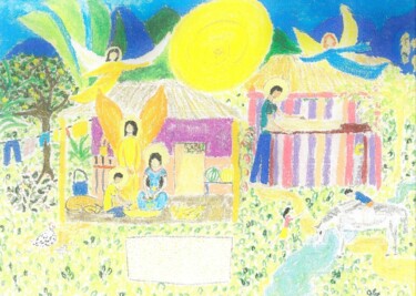 Malerei mit dem Titel "Sainte famille maya" von Monique Pouchet, Original-Kunstwerk, Pastell