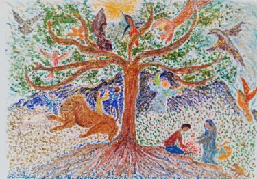 绘画 标题为“L'arbre qui unit le…” 由Monique Pouchet, 原创艺术品, 粉彩 安装在纸板上